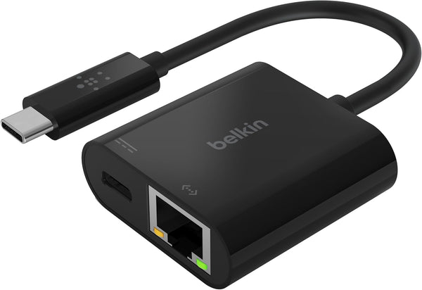 Belkin 60W USB-C to Ethernet + Charge Adapter Cable w/ Gigabit Ethernet Port for High-Speed Network Access - Compatible with USB-C Devices Including MacBook Air, MacBook Pro, & Windows Laptops - Black